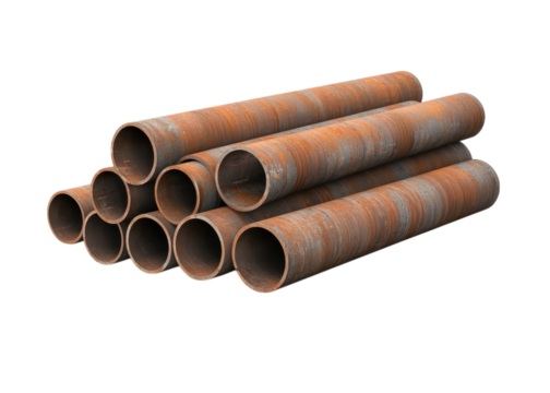 Stack of rusty metal pipes on a transparent background. Concept of industry, construction, and materials.