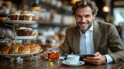 A smiling man sits at a table with food and drink