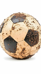 Mud-caked soccer ball isolated on white