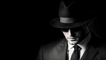 Mysterious man in pinstripe suit, fedora, and sunglasses against a dark background