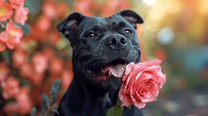 Delightful canine companion gently cradling a vibrant pink rose, amidst a floral haven, radiating love and affection in soft bokeh light