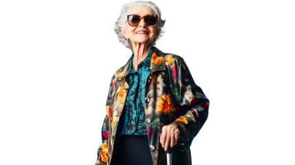 Stylish senior woman with sunglasses and vibrant floral coat posing in front of a neutral background.