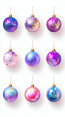 Obraz premium Nine iridescent pastel Christmas ornaments with gold accents, hanging against a white background