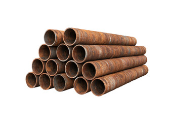 Stack of rusty metal pipes on a transparent background. Concept of industry, construction, and corrosion.