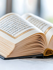 Open holy book with ornate gold lettering rests on a table