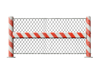Metal chain link fence with red and white striped barrier on a transparent background. Concept of security, safety, and restriction.