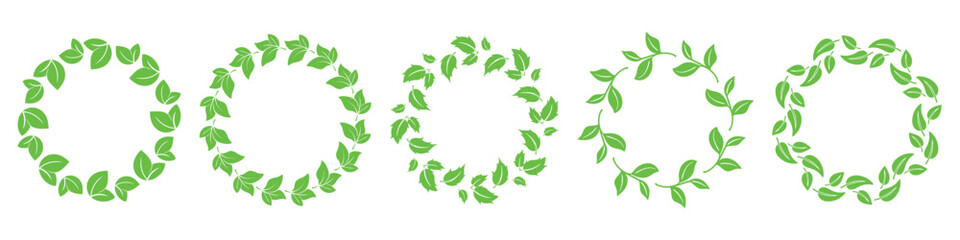 Simple round frames of young green leaves set. Natural foliage wreath collection. Spring eco rims. Leaf circular borders with copy space, vector graphics