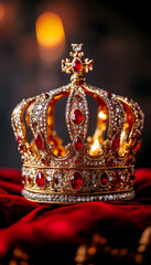 Ornate gold crown with red jewels rests on red velvet
