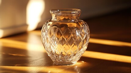 A clear diamond cut glass vase sitting on a wooden surface