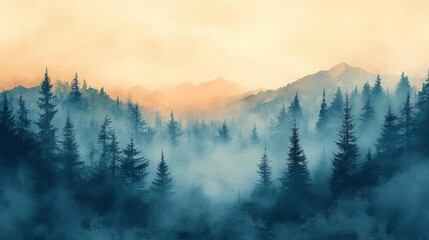 Obraz premium A dreamy foggy forest with mist and trees in a serene mountain setting. Generative AI