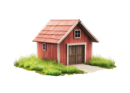 Red wooden shed with grass on a transparent background. Concept of storage, garden, and rural life.