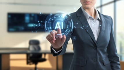 businesswoman in formal suit working with computer laptop for Polygonal brain shape of an artificial intelligence with various icon of smart city Internet of Things, AI and business IOT concept