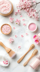 Naklejka premium Pink bath salts, brushes, flowers, and skincare products arranged on marble