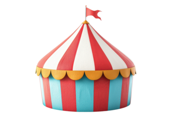 Circus tent with red and white stripes and a red flag on top, isolated on transparent background. Concept of entertainment, carnival, and festival.