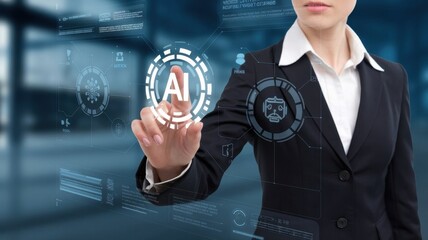 businesswoman in formal suit working with computer laptop for Polygonal brain shape of an artificial intelligence with various icon of smart city Internet of Things, AI and business IOT concept
