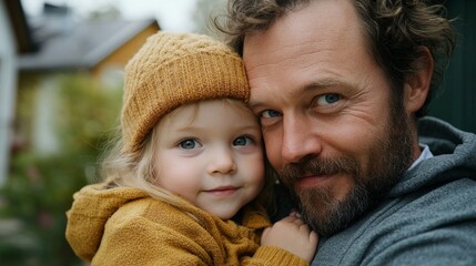 Obraz premium A father, holding a young child posing in a residential street with houses in the background. 