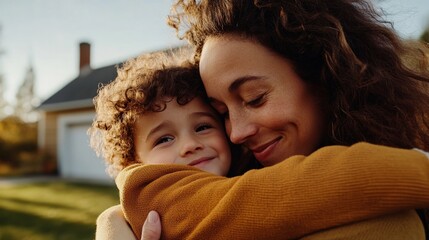 Obraz premium A woman and a child hugging each other outdoors during daylight.