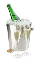 Champagne in glasses and ice bucket with open bottle isolated on white