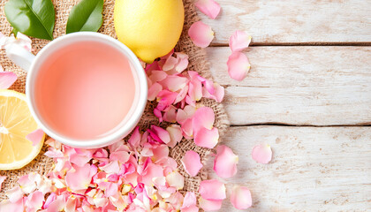 Pink rose tea with lemon slices and petals on rustic wood