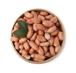 Fresh peanuts in bowl isolated on white, top view
