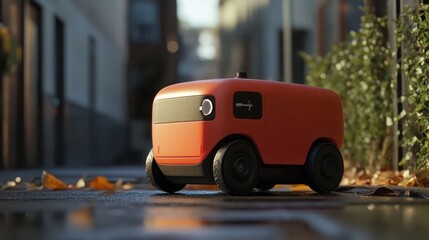 Fototapeta premium An autonomous delivery robot travels along a wet city street