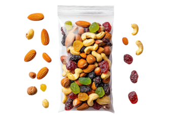 Trail mix in a plastic bag on a transparent background. Contains nuts, dried fruit, and candied fruit. Healthy snack.