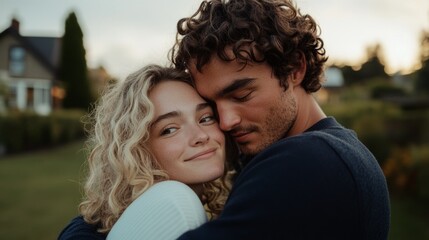 Fototapeta premium A young couple sharing an embrace outdoors during sunset.