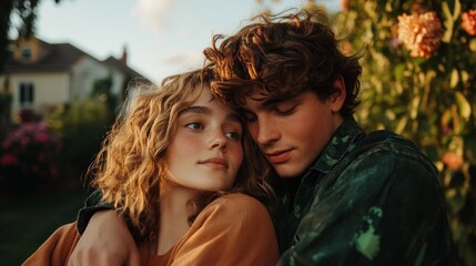 Fototapeta premium Two people embracing in a garden setting at sunset.