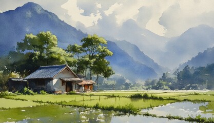 Fototapeta premium Harmonious Blend of Nature and Culture in Serene Watercolor Landscape
