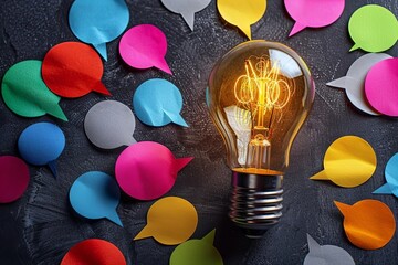 Creative brainstorming represented by a flat lay photo of a light bulb amidst colorful speech bubbles.