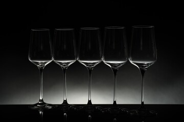Many empty clean glasses on mirror surface against black background