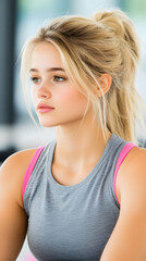 Fototapeta premium Serene blonde teenage girl in athletic wear, looking away
