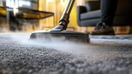 Fototapeta premium Deep Carpet Cleaning with a Steam Vacuum Cleaner in a Cozy Home