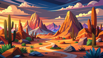 A stunning desert landscape with majestic mountains and vibrant cacti © ehsanollah