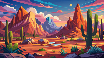 A stunning desert landscape with majestic mountains and vibrant cacti