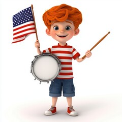 Happy Boy with American Flag and Drumsticks Celebrates