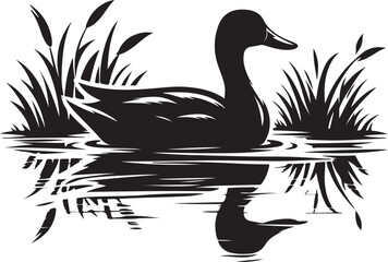 duck swimming in a pond silhouette vector illustration on a white background