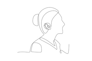 Woman wearing hearing aid. Hearing aids concept one-line drawing