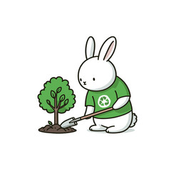 Environmentalist bunny planting tree in green shirt on transparent background. Vector illustration ideal for conservation initiatives, Earth Day campaigns, or ecological education materials.