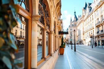 Fototapeta premium Sunlit European street scene with ornate buildings and reflective shop windows