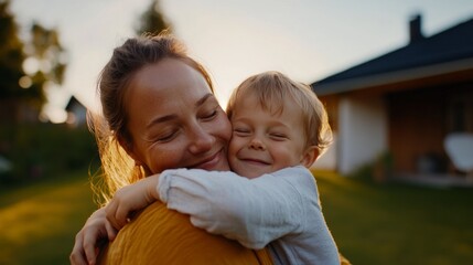 Fototapeta premium Woman and child embracing in warm outdoor lighting during sunset.