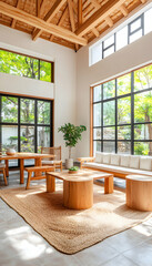 Fototapeta premium Sunlit modern living room with wooden furniture, high ceilings, and large windows overlooking a garden