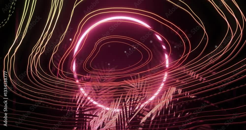 Poster neon circles and lines creating abstract geometric patterns on dark background animation