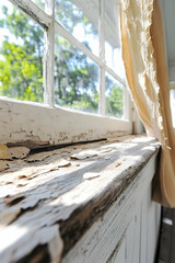 Sunlit windowsill with peeling paint, showing wood decay