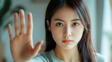 Fototapeta premium A young woman holds up her hand in front of the camera