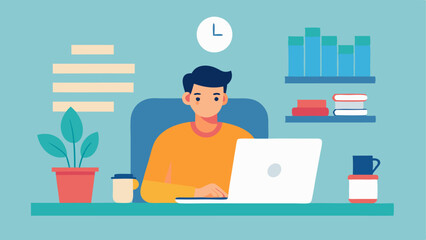 Freelance Writer A person sitting at a cozy home office desk typing on a laptop with papers and coffee cups tered around. They have a focused expression surrounded by books and a