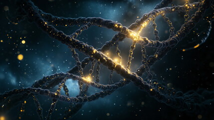 Close-up of a glowing DNA strand with molecular structures in a cosmic background.