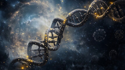 A glowing DNA double helix floating in a cosmic nebula.