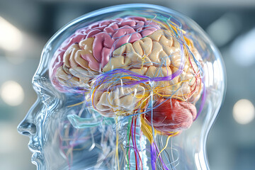 Transparent head showcasing brain, nerves, and pituitary gland