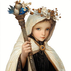 A young girl in elegant medieval attire holding a staff adorned with flowers and feathers.